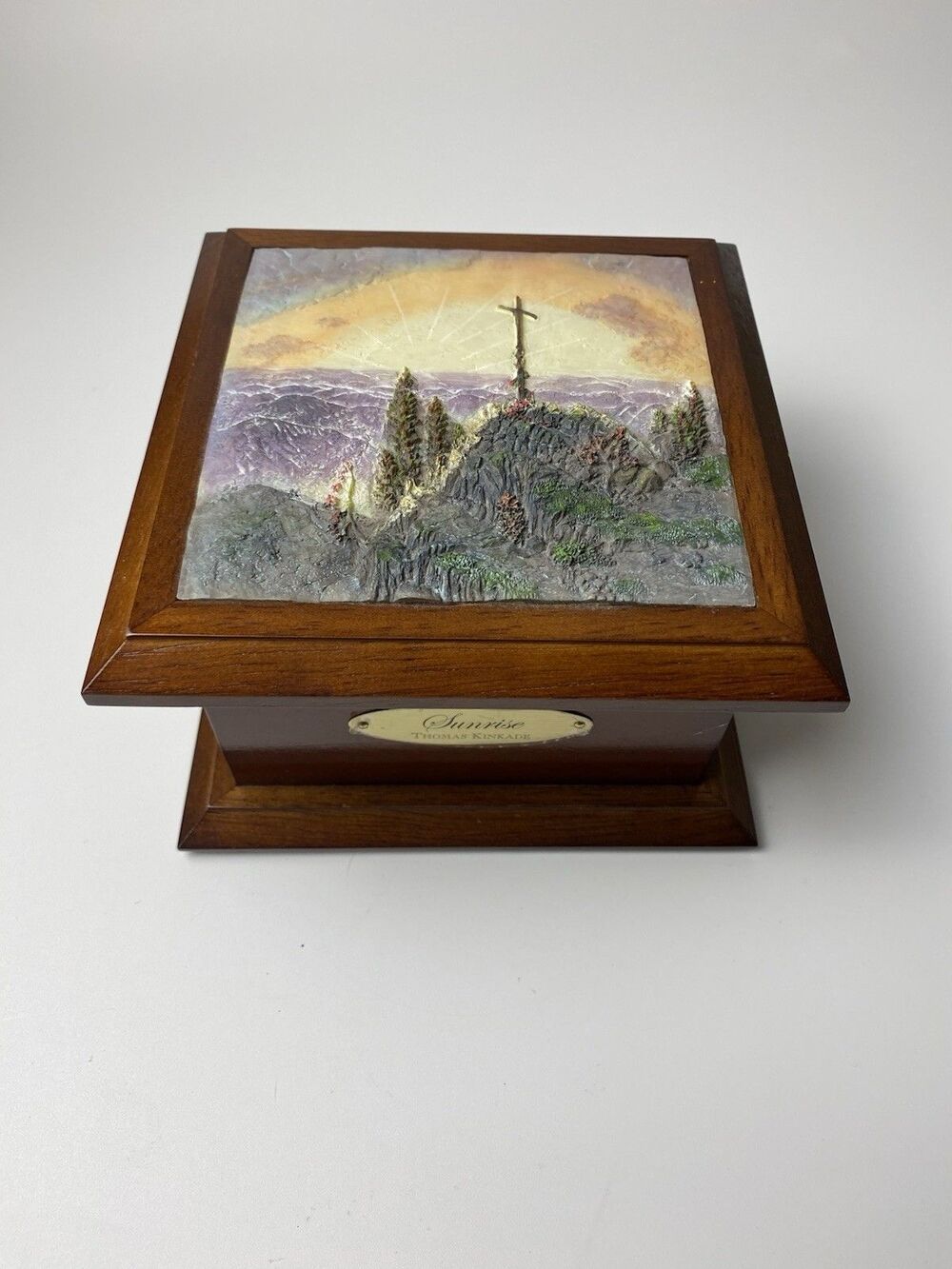 Thomas Kincaid Sunrise Cross Wood Jewelry Trinket Box Velvet Interior Hinged Lid